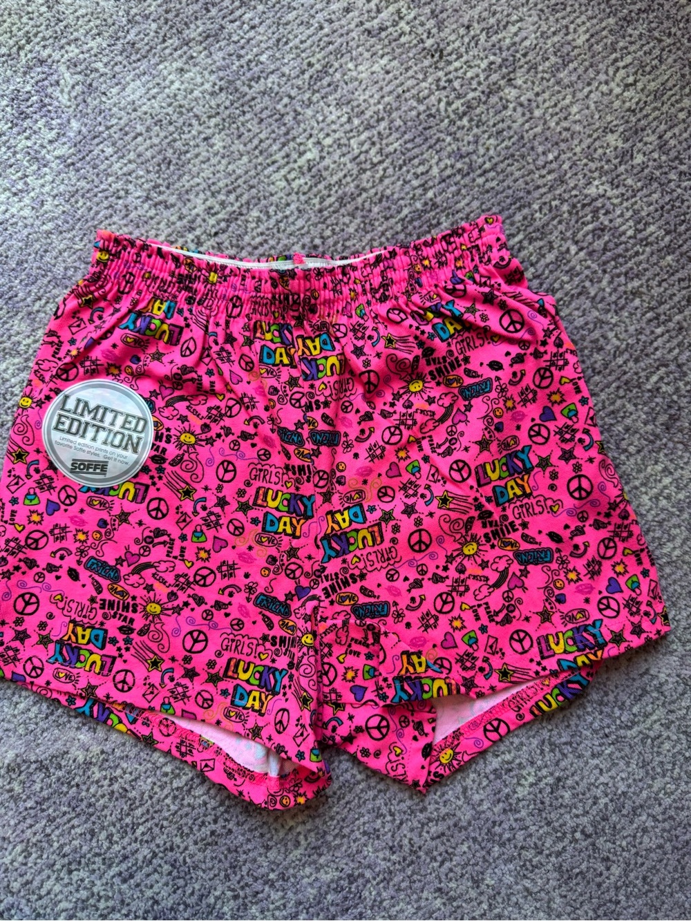 NEW Soffe Limited Edition Hot Pink Y2K Doodle Shorts Lucky Day Size Medium